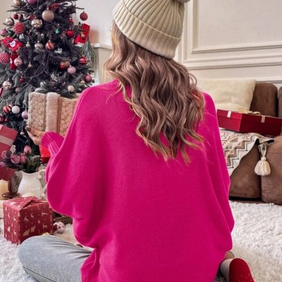 Holiday Turtleneck Dolman Sleeve knit Sweater top Pink - Picture 6 of 7